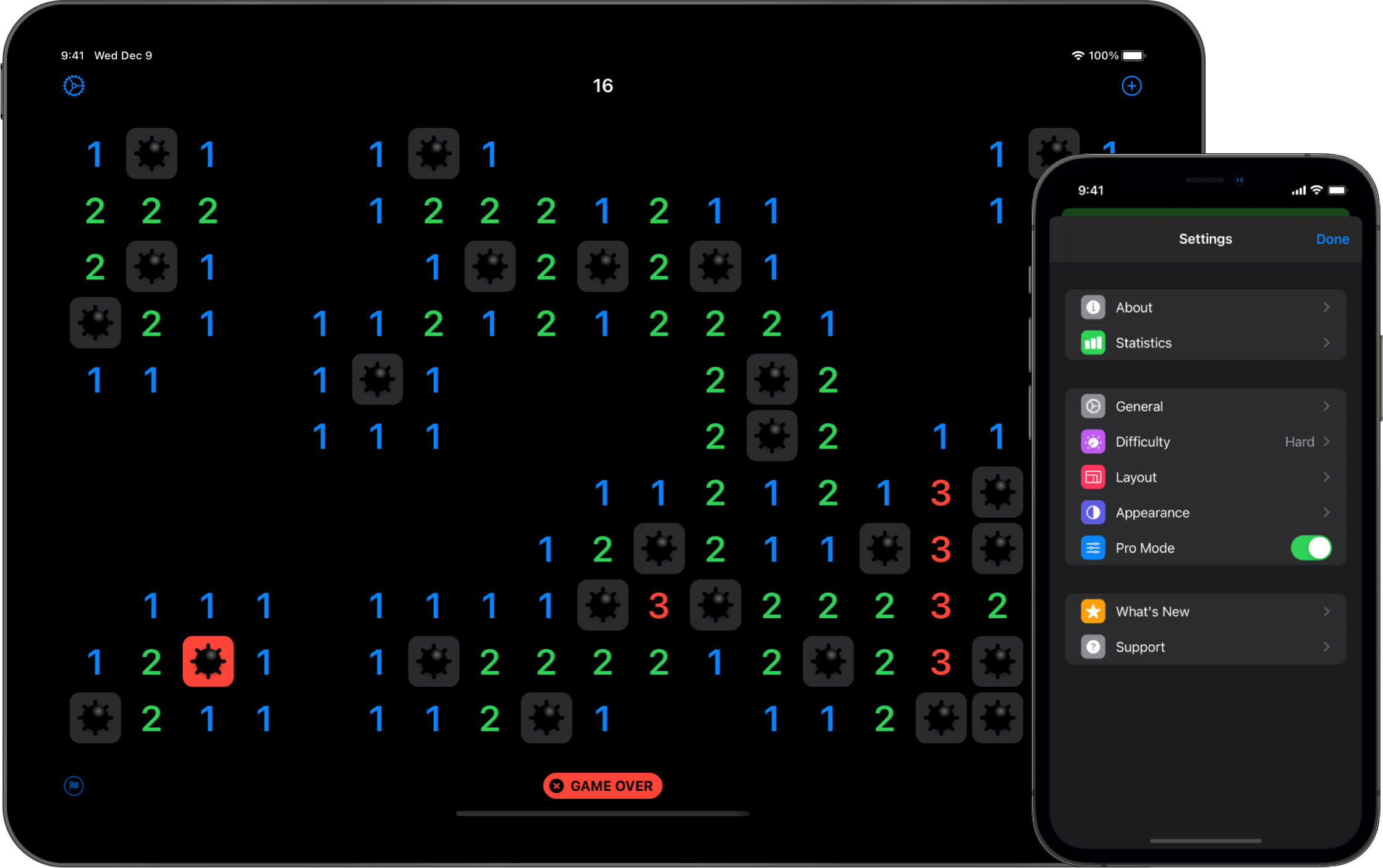Minesweeper open on iPad and FreeCell Settings open on iPhone
